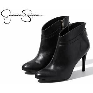 Jessica Simpson Black Leather Ankle Boots Women’s 10 Stiletto Heels Zip Booties
